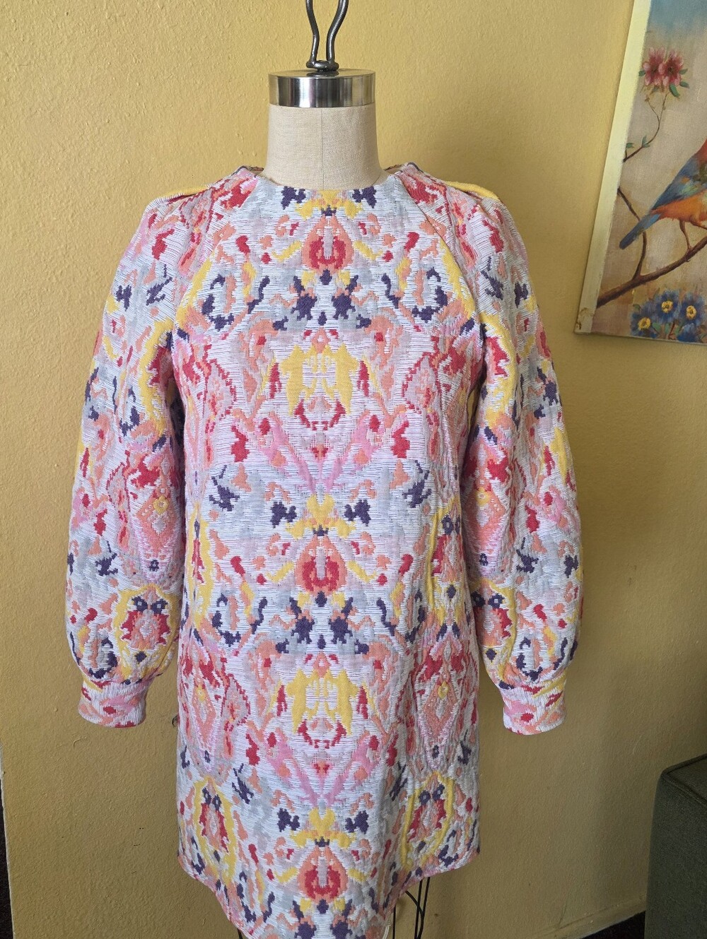 🌸 Sezane Floral Ikat Textured Women’s Dress In Coral, Pink & Yellow, Size 34 EU